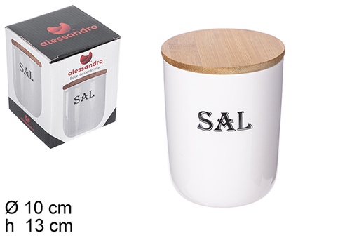 [111654] White ceramic kitchen jar with bamboo lid sal