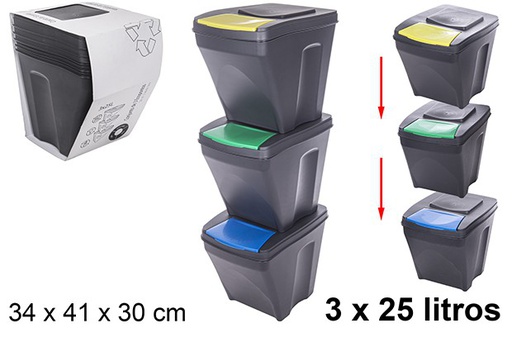 [207157] Pack 3 poubelles de recyclage plastique empilables 25 l.