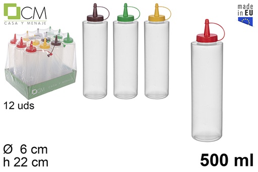 [113269] Bouteille de sauce en plastique transparent avec couvercle de couleur assortie 500 ml