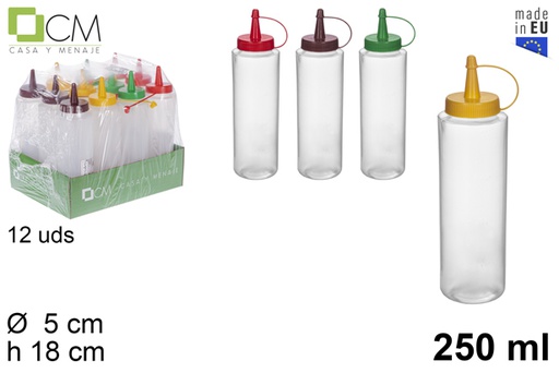 [113266] Bote plástico salsa transparente tapa color surtido 250 ml