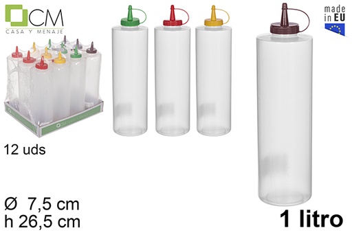 [113265] Bottiglia di salsa di plastica trasparente con coperchio di colori assortiti 1 l.