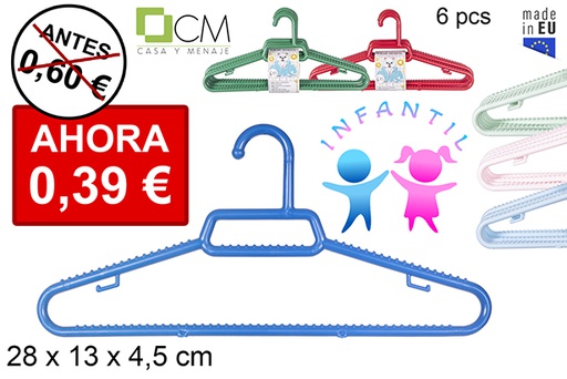 [102928] Pack 6 cabides de plástico infantil cores diversas