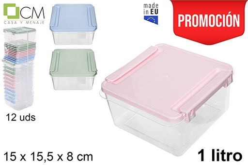 [114234] Boîte à lunch carrée avec couvercle couleurs pastel 1 l.