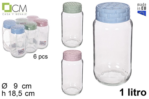 [114655] Bote de cristal tapa rattan colores pastel 1 l.