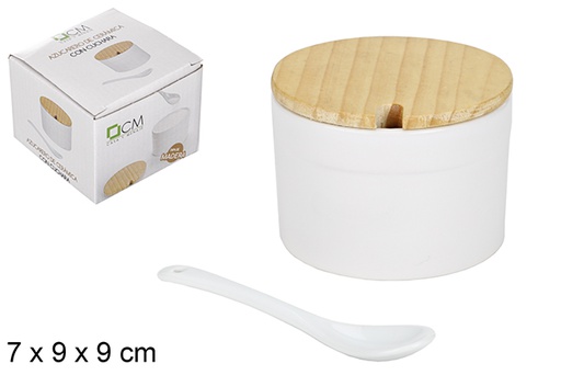[110799] Açucareiro redondo cerâmica branco com colher e tampa de madeira