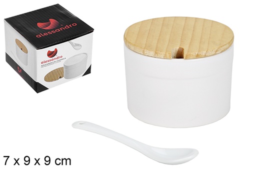 [110799] Açucareiro redondo cerâmica branco com colher e tampa de madeira