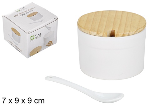[110799] Round white ceramic sugar bowl with spoon and wooden lid