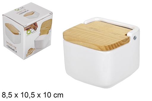[110801] Saliera in ceramica biaca con coperchio in legno