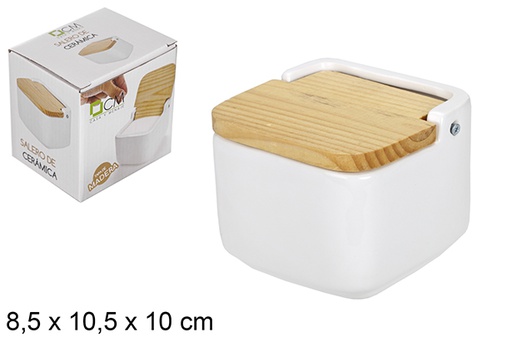 [110801] White ceramic salt shaker with wooden lid