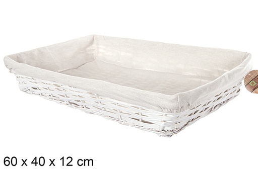 [112892] Panier rectangulaire en osier blanc avec tissu 60x40 cm