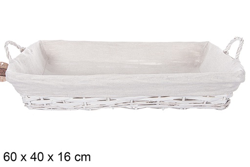 [112901] Panier rectangulaire en osier avec anses blanches et tissu 60x40 cm