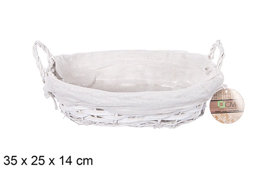 [112883] Oval wicker basket with white handles with fabric 35x25 cm