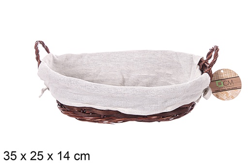 [112885] Panier ovale en osier avec anses en acajou et tissu 35x25 cm