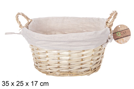 [112887] Oval wicker basket with natural color handles with fabric 35x25 cm