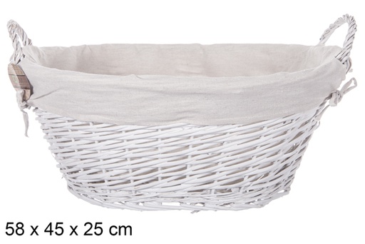 [112889] Oval wicker basket with white handles with fabric 58x45 cm
