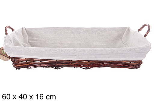 [112903] Panier rectangulaire en osier avec anses en acajou et tissu 60x40 cm