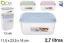 Fiambrera plástico rectangular honda tapa colores pastel 2,7 l.