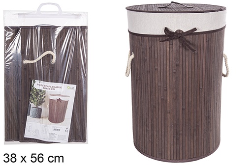 [112960] Cesto de roupa suja redondo dobrável em bambu mogno com forro 38x56 cm