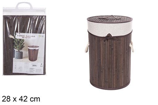 [112966] Cesto de roupa suja redondo dobrável em bambu mogno com forro 28x42 cm