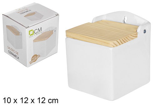 [110829] White ceramic salt shaker with wooden lid