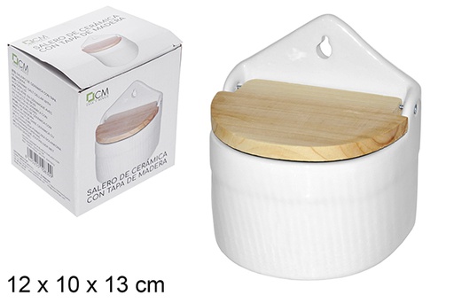 [110830] Salière en céramique blanche avec couvercle en bois
