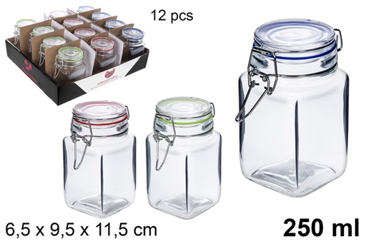 [113149] Pot en verre carré hermétique couleurs assorties 250 ml