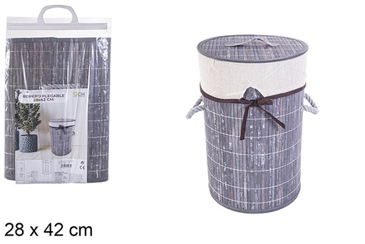 [114477] Round foldable gray bamboo laundry basket with lining 28x42 cm