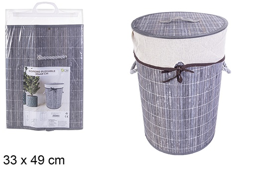 [114479] Round foldable gray bamboo laundry basket with lining 33x49 cm