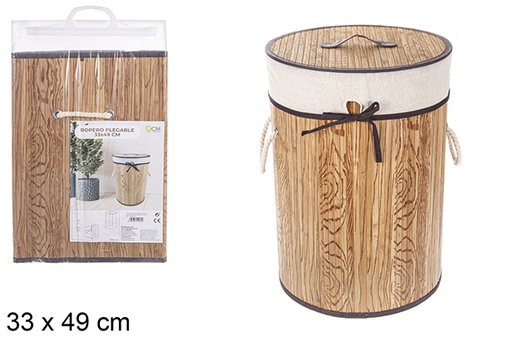[114480] Round foldable natural bamboo laundry basket with lining 33x49 cm