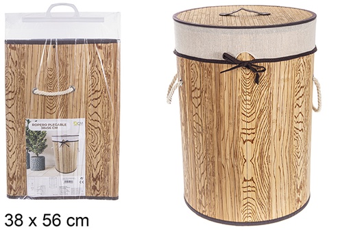 [114482] Round foldable natural bamboo laundry basket with lining 38x56 cm