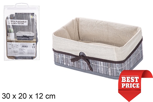 [114485] Cesta bambú plegable gris rectangular forrada con lazo 30x20 cm
