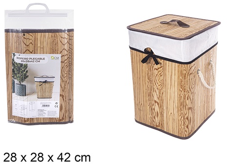[114489] Cesto de roupa suja quadrado dobrável em bambu natural com forro 28x42 cm
