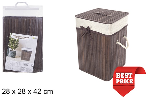 [114490] Cesto de roupa suja quadrado dobrável em bambu mogno com forro 28x42 cm