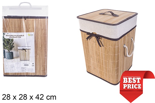 [114492] Cesto de roupa suja quadrado dobrável em bambu natural com forro 28x42 cm