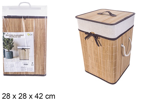 [114492] Squared foldable natural bamboo laundry basket with lining 28x42 cm