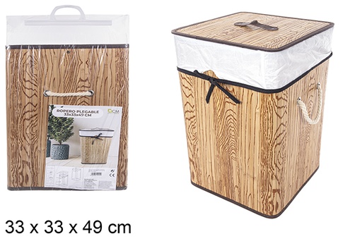 [114494] Cesto de roupa suja quadrado dobrável em bambu natural com forro 33x49 cm