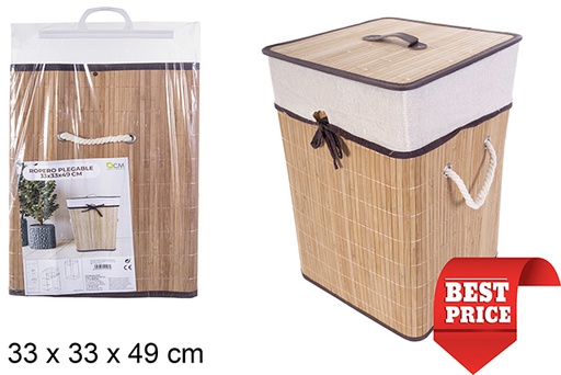 [114497] Panier à linge carré pliable en bambou naturelle avec doublure 33x49 cm