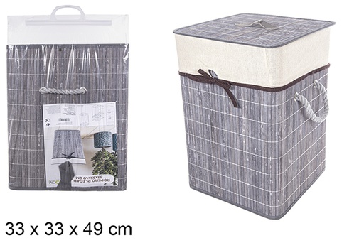 [114498] Cesto de roupa suja quadrado dobrável em bambu cinza com forro 33x49 cm