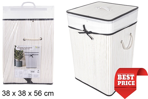 [114501] Cesto de roupa suja quadrado dobrável em bambu branco com forro 38x56 cm