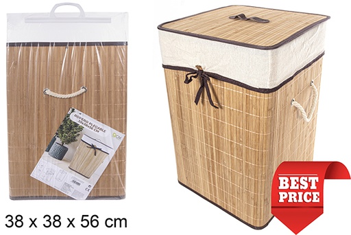 [114502] Cesto de roupa suja quadrado dobrável em bambu natural com forro 38x56 cm