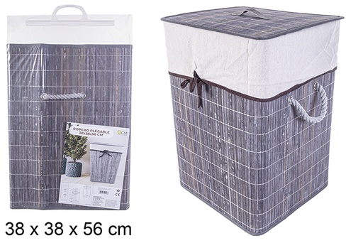 [114503] Cesto de roupa suja quadrado dobrável em bambu cinza com forro 38x56 cm