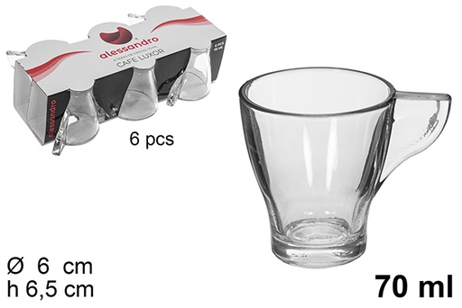 [114535] Pack 6 tasses à café en verre avec anse luxor 70 ml