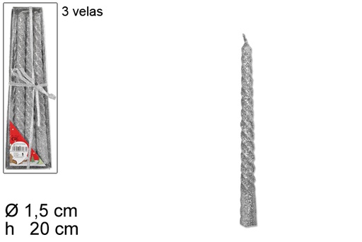 [114628] 3 velas espiral plata purpurina 20cm