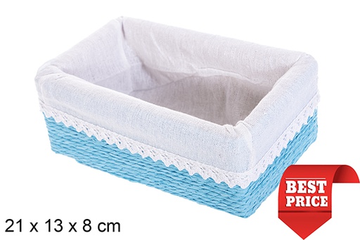 [114814] Boîte MDF avec corde en papier doublée de dentelle bleue 21x13 cm
