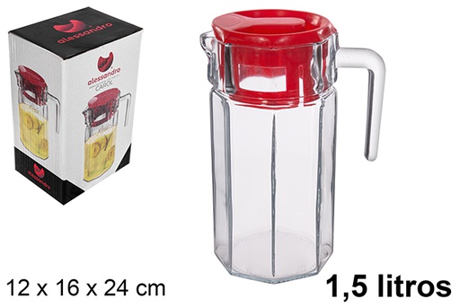 [114948] Pichet pour eau en verre Carol avec couvercle rouge 1,5 l.