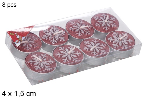[114966] Pack 8 bougies rouges décorées de flocons de neige 4x1,5 cm