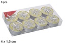 Pack 8 velas oro decorada copo de nieve 4x1,5 cm