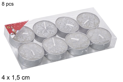 [114991] Pack 8 bougies argentées décorées flocon de neige 4x1,5 cm