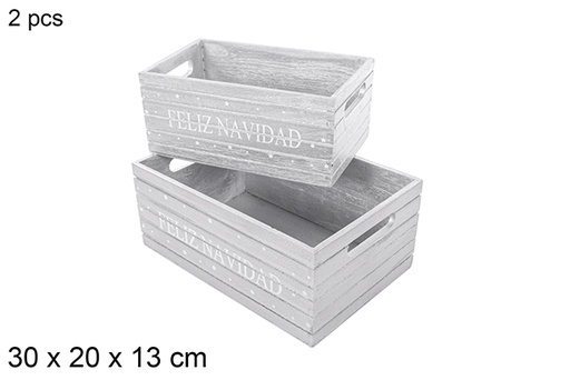 [115035] Pack 2 scatole in legno color argento decorato Feliz Navidad 30x20 cm