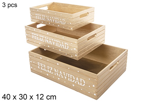 [115038] Pack 3 caixas de madeira cor de ouro decoração Feliz Navidad 40x30x12 cm